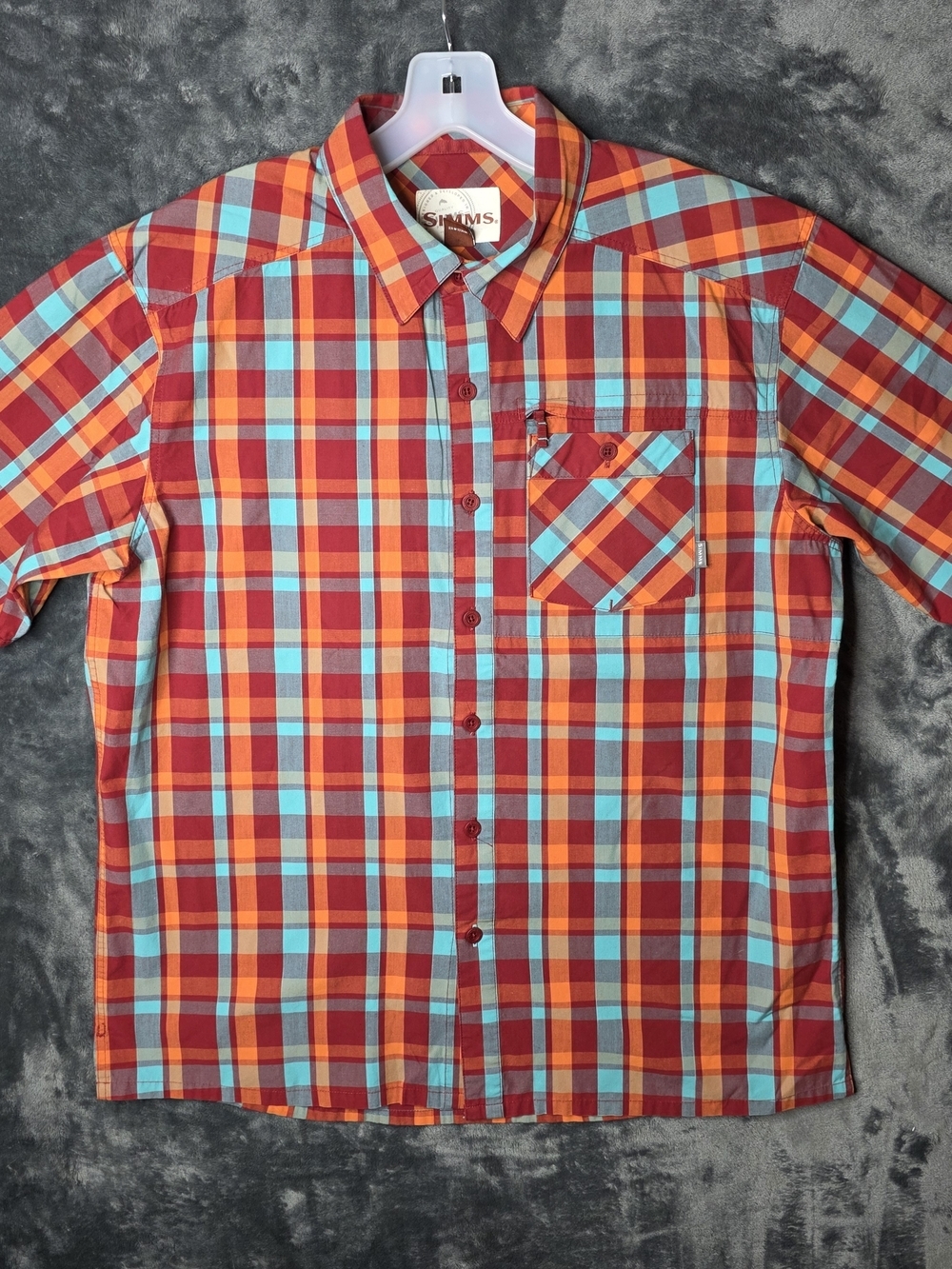 Simms Men's Red Orange Plaid Short-Sleeve Button-Down Shirt